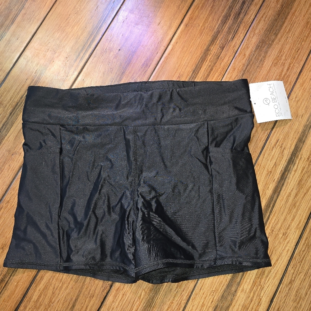 Women's Black Boy Cut Swim Shorts Size Large New Eco Beach